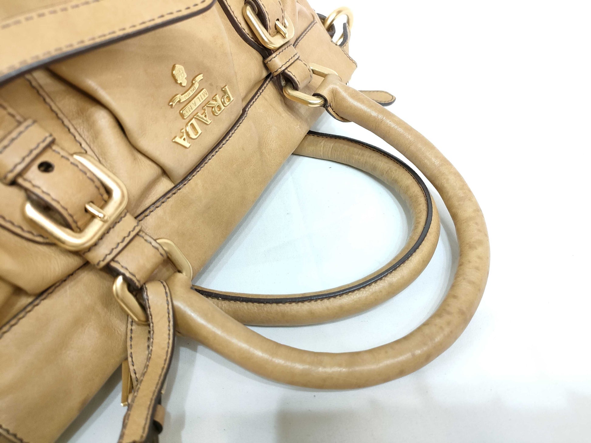 PRADA ID-Prada Cervo Leather Handbag Brown w/o Strap Handbag