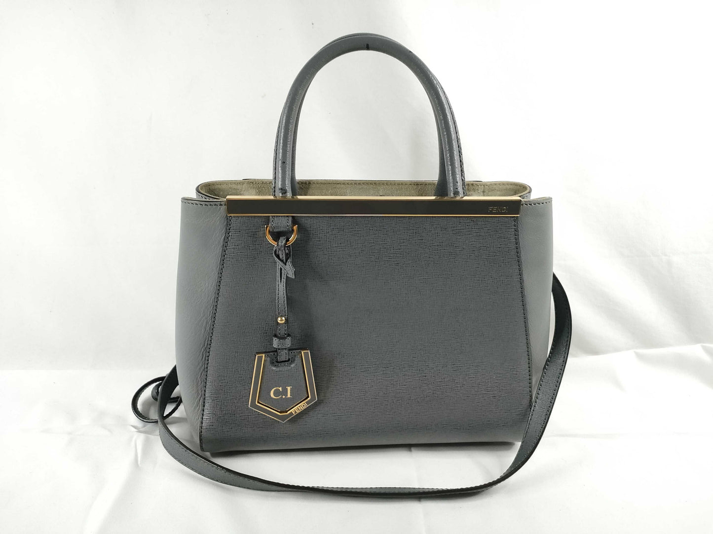 FENDI Petit Toujour Leather 2-Way Handbag Grey 8BH253 Initials Topo