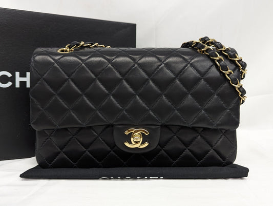 CHANEL Lambskin W Flap Black Shoulder Bag