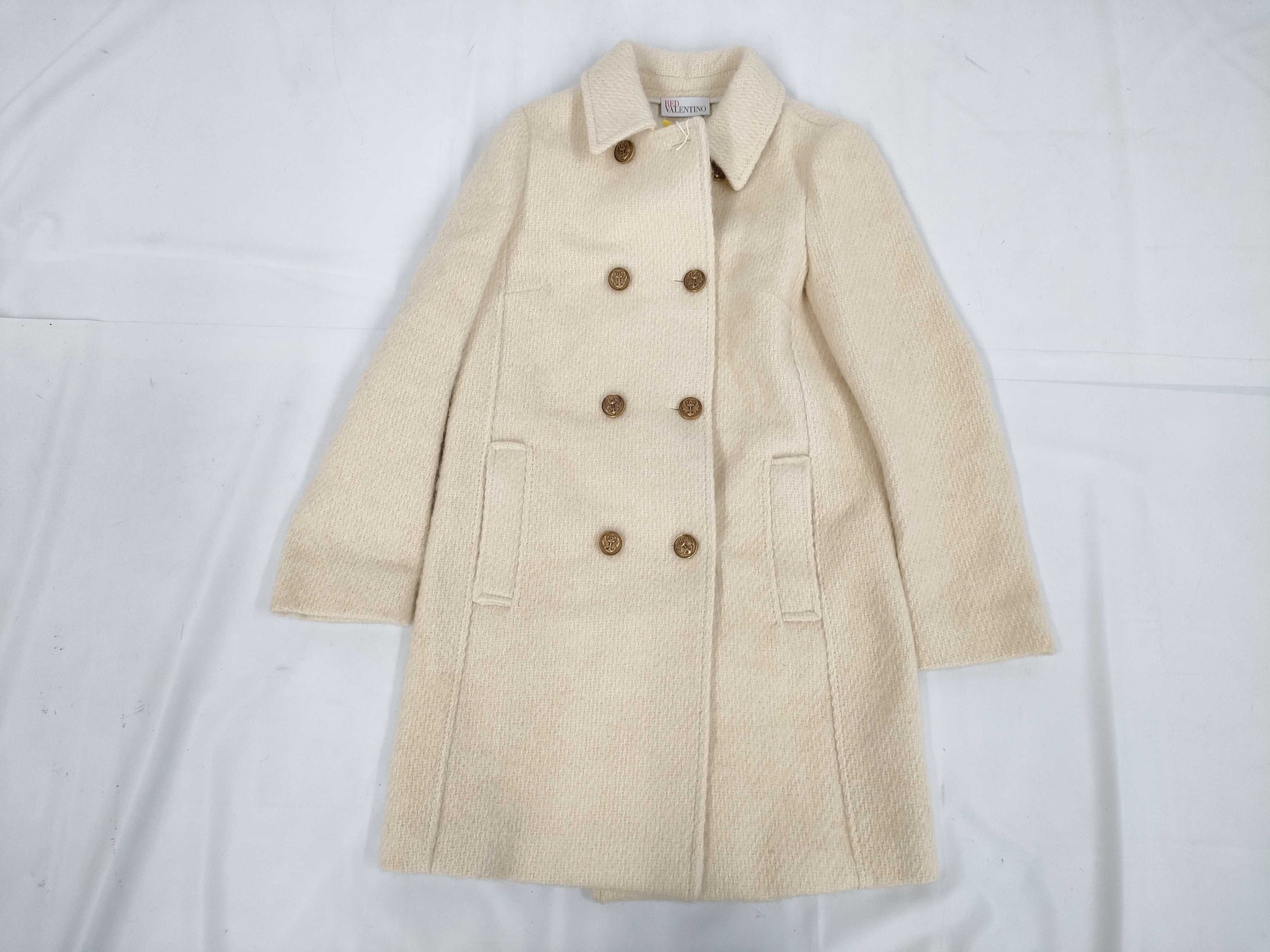 VALENTINO Gold Button Double-Breasted Long Coat, Beige, Women's, Size 40