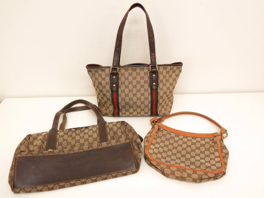 GUCCI GUCCI Gucci 3-Point Sherry GG Canvas and Calf Leather Hand Tote Bag Brown Beige