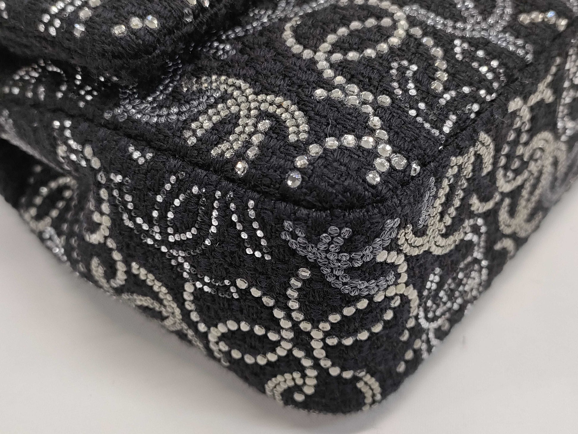 CHANEL Double Flap Coco Mark Rhinestone Tweed Black SS Shoulder Bag