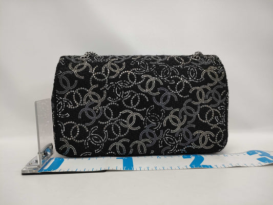 CHANEL Double Flap Coco Mark Rhinestone Tweed Black SS Shoulder Bag