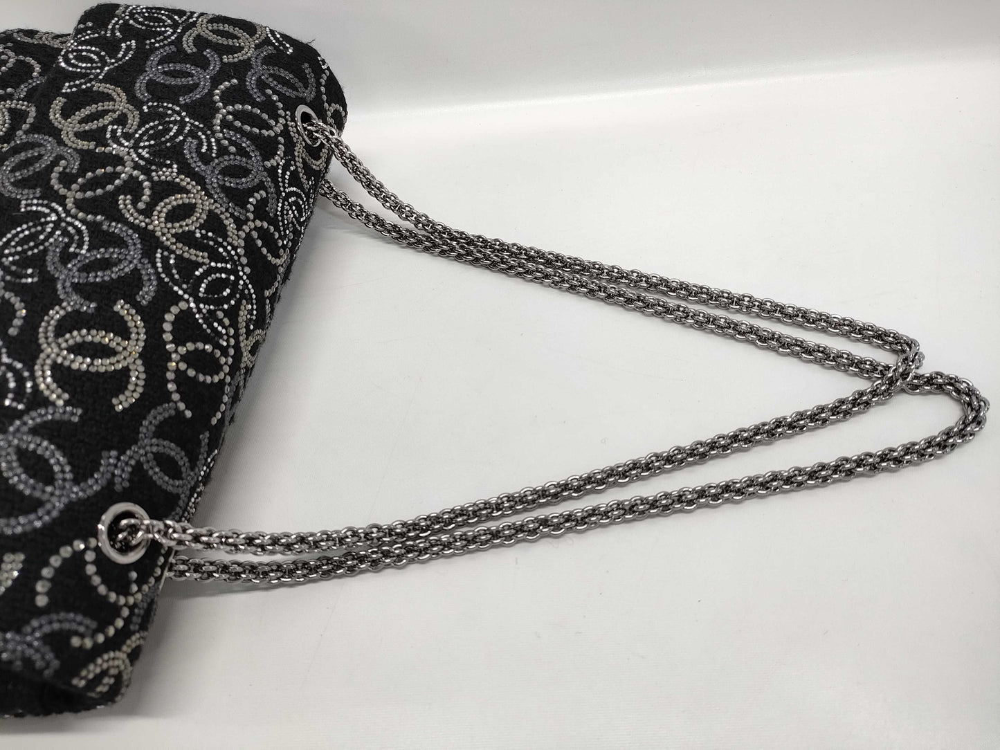 CHANEL Double Flap Coco Mark Rhinestone Tweed Black SS Shoulder Bag
