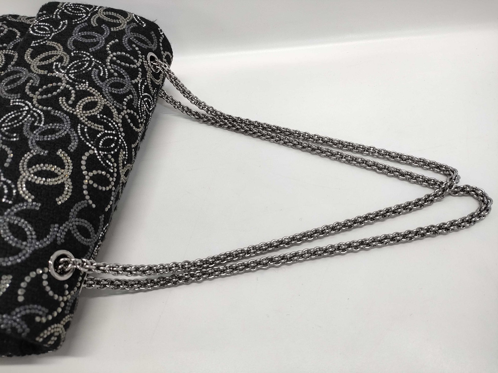 CHANEL Double Flap Coco Mark Rhinestone Tweed Black SS Shoulder Bag