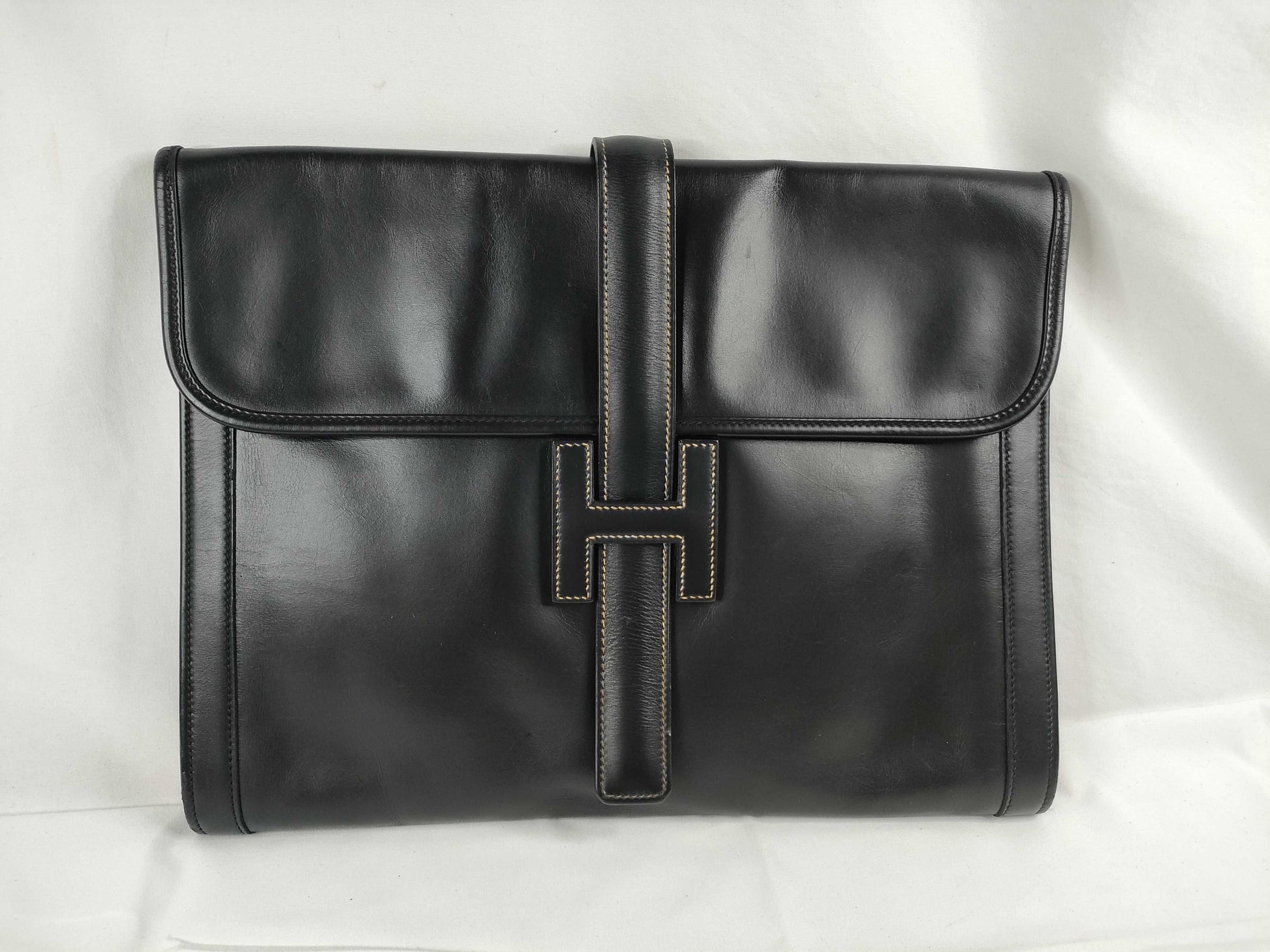 HERMES HERMES Jije GM Leather Clutch Bag Second Bag 〇P Engraved Black W34cm Clutch Bag