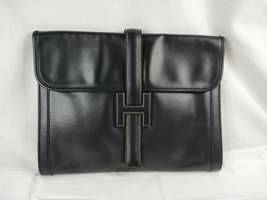 HERMES HERMES Jije GM Leather Clutch Bag Second Bag 〇P Engraved Black W34cm Clutch Bag