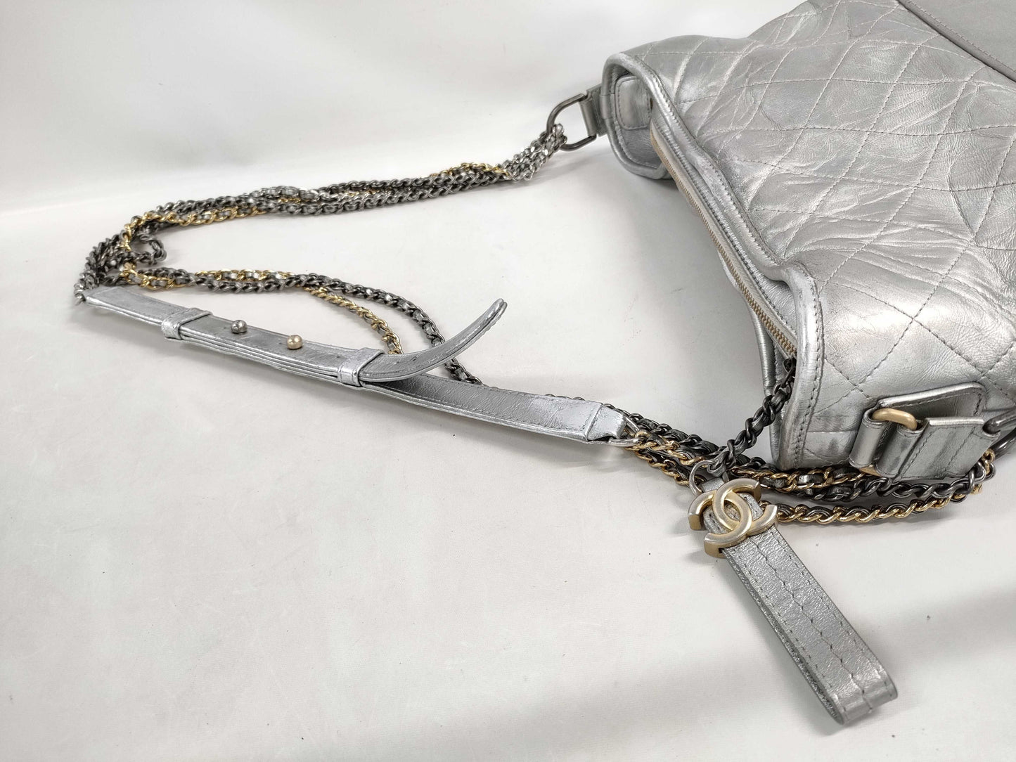 CHANEL Gabriel Chain Shoulder Bag in Silver Leather
