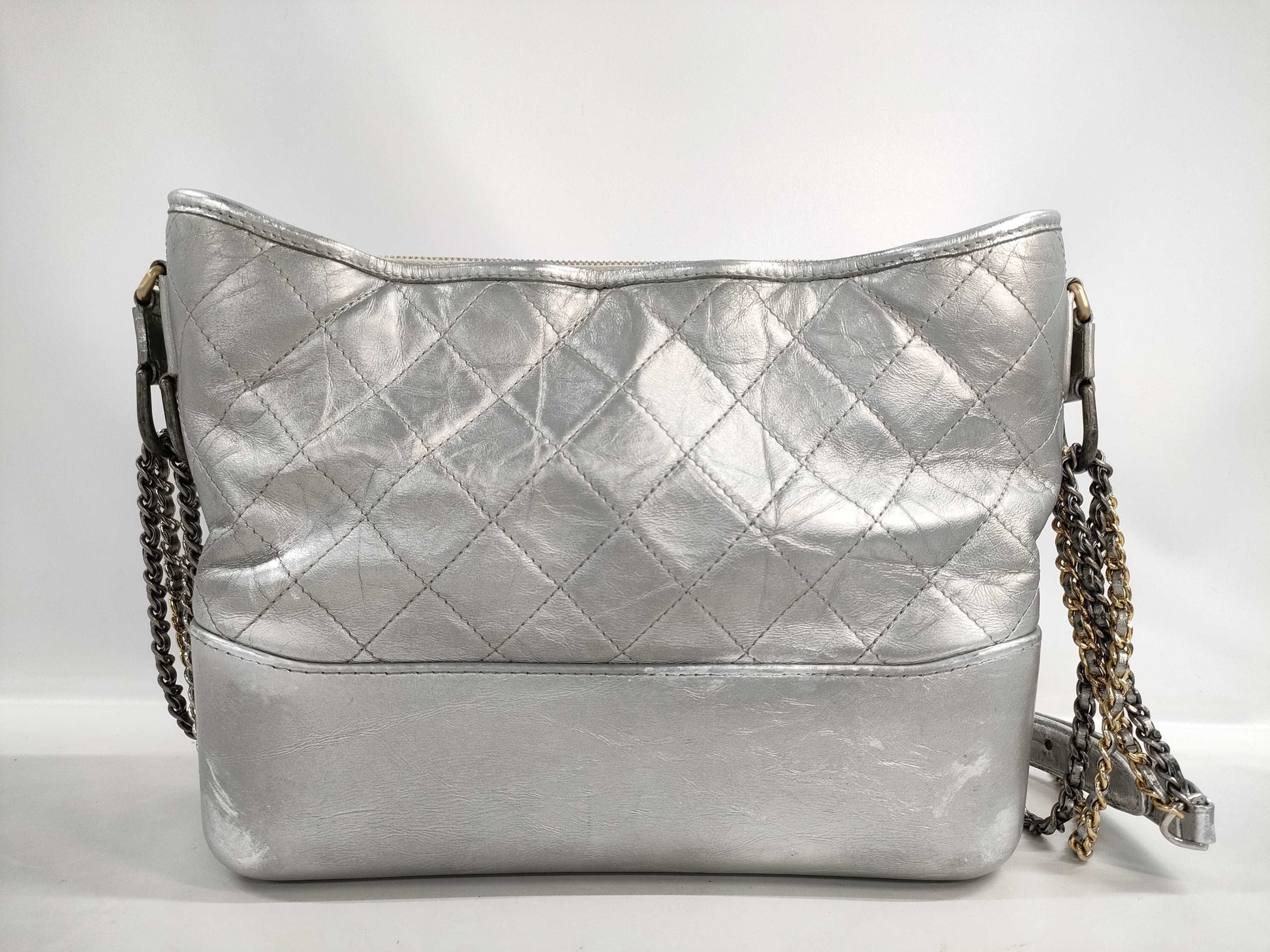 CHANEL Gabriel Chain Shoulder Bag in Silver Leather