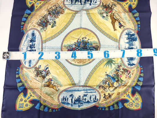 HERMES Kare Hermes Carre 90 Poole Jockey Silk Scarf Blue Scarf