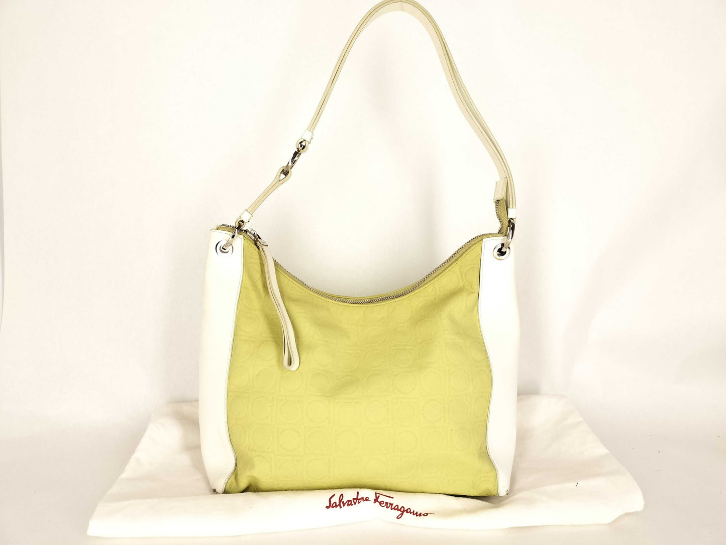Salvatore Ferragamo Gancini Salvatore Ferragamo Gancini Nylon Canvas x Leather Shoulder Bag Q21 4327 Yellow Green x White Shoulder Bag