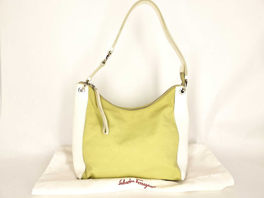 Salvatore Ferragamo Gancini Salvatore Ferragamo Gancini Nylon Canvas x Leather Shoulder Bag Q21 4327 Yellow Green x White Shoulder Bag