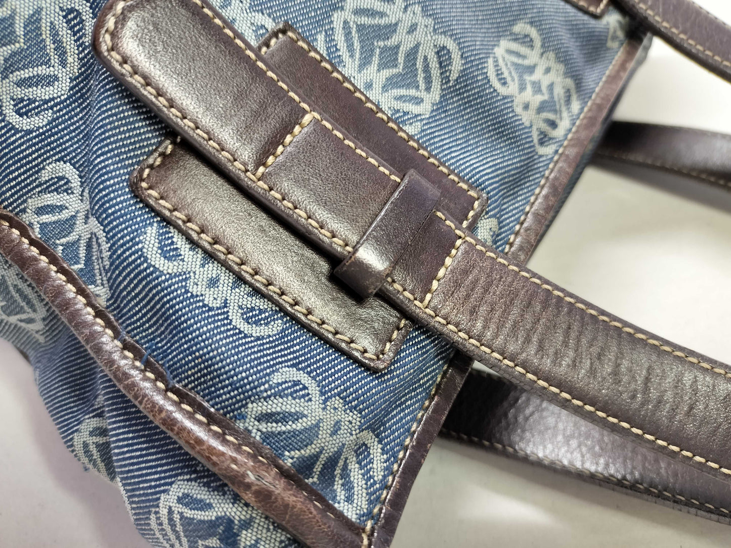 LOEWE Anagram Leather x Denim Handbag Brown x Blue Tote Bag