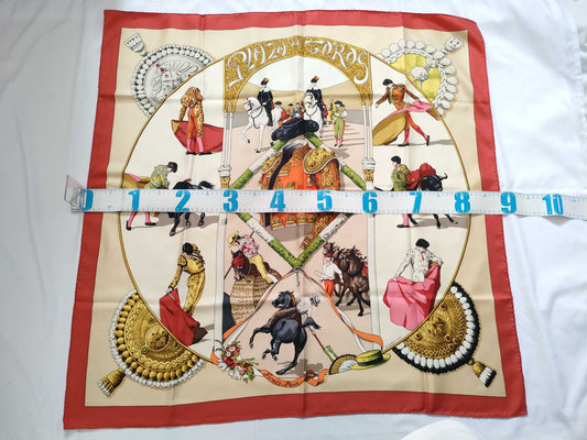 HERMES Carre Hermes Carre 90 Bullring Silk Scarf Red x Beige Other Accessories