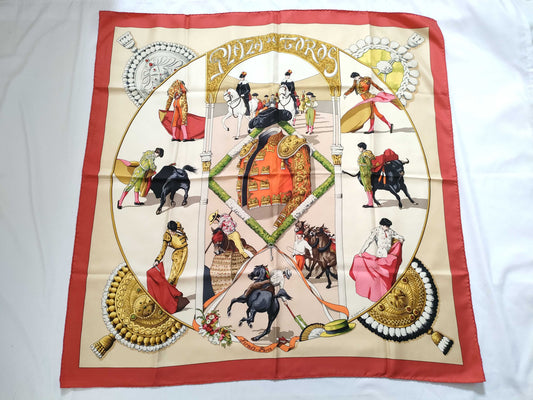 HERMES Carre Hermes Carre 90 Bullring Silk Scarf Red x Beige Other Accessories