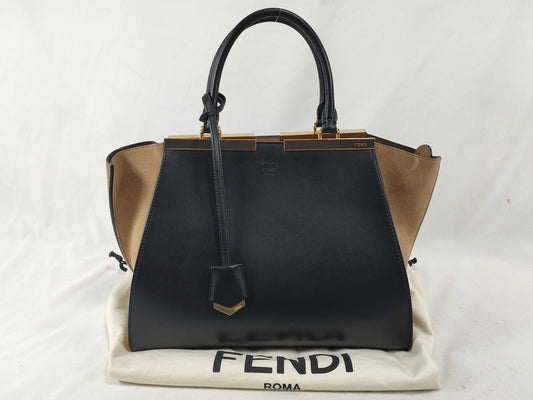 FENDI Troisjour Leather x Suede Handbag 8BH279 A0Z7 188-3262 Black x Brown Handbag