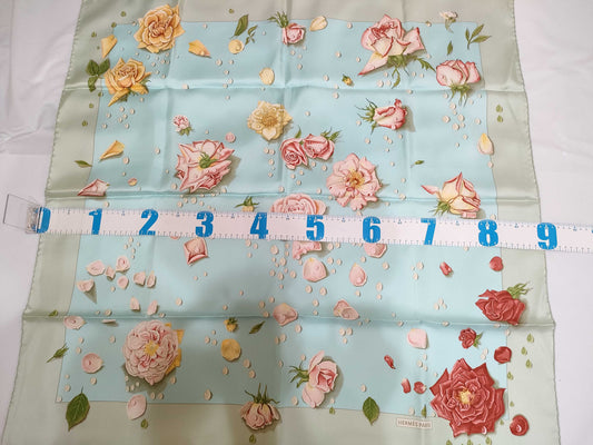 HERMES Carre Hermes Carre 90 Rose Drops Silk Scarf Light Blue Scarf