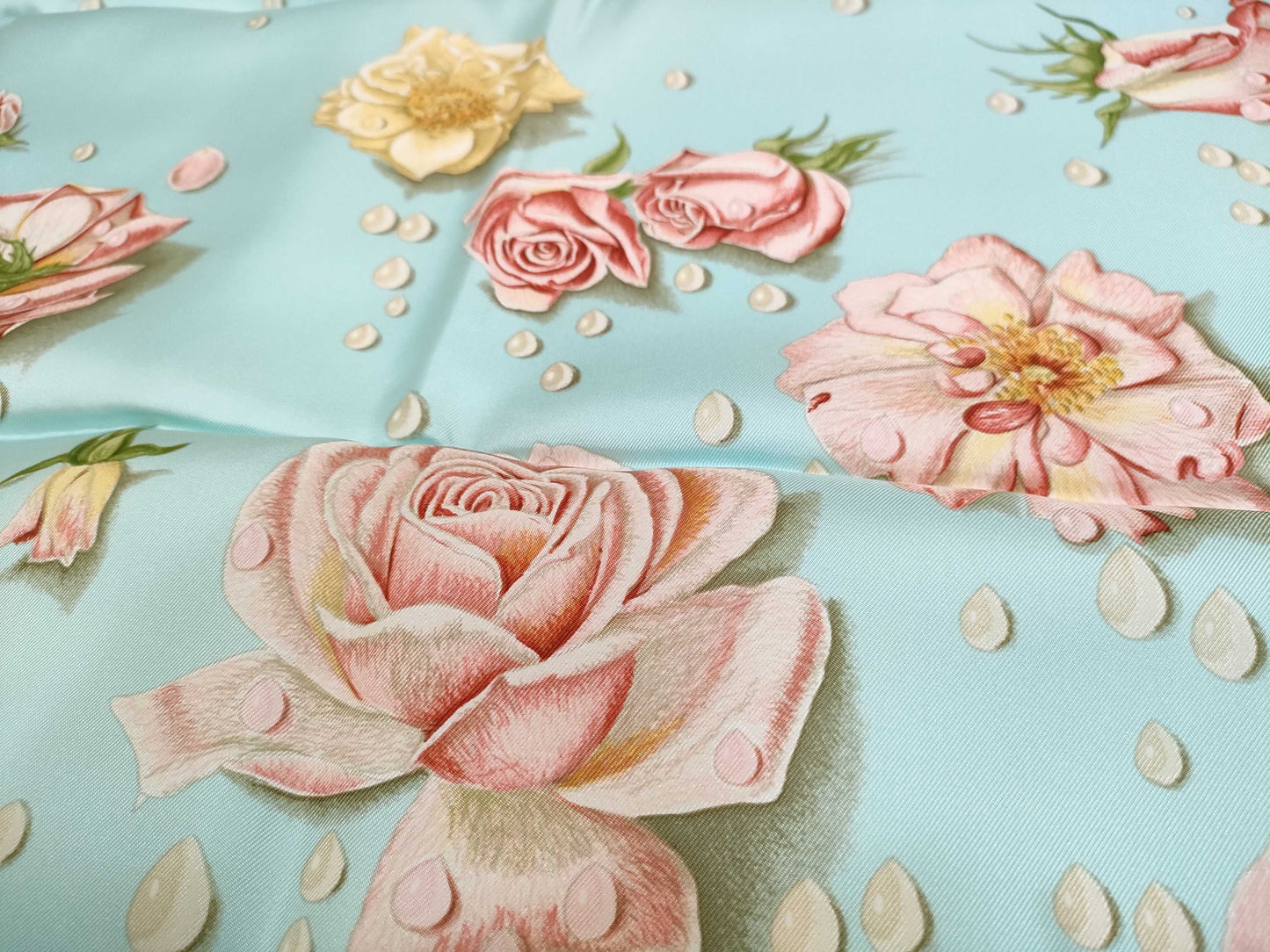 HERMES Carre Hermes Carre 90 Rose Drops Silk Scarf Light Blue Scarf