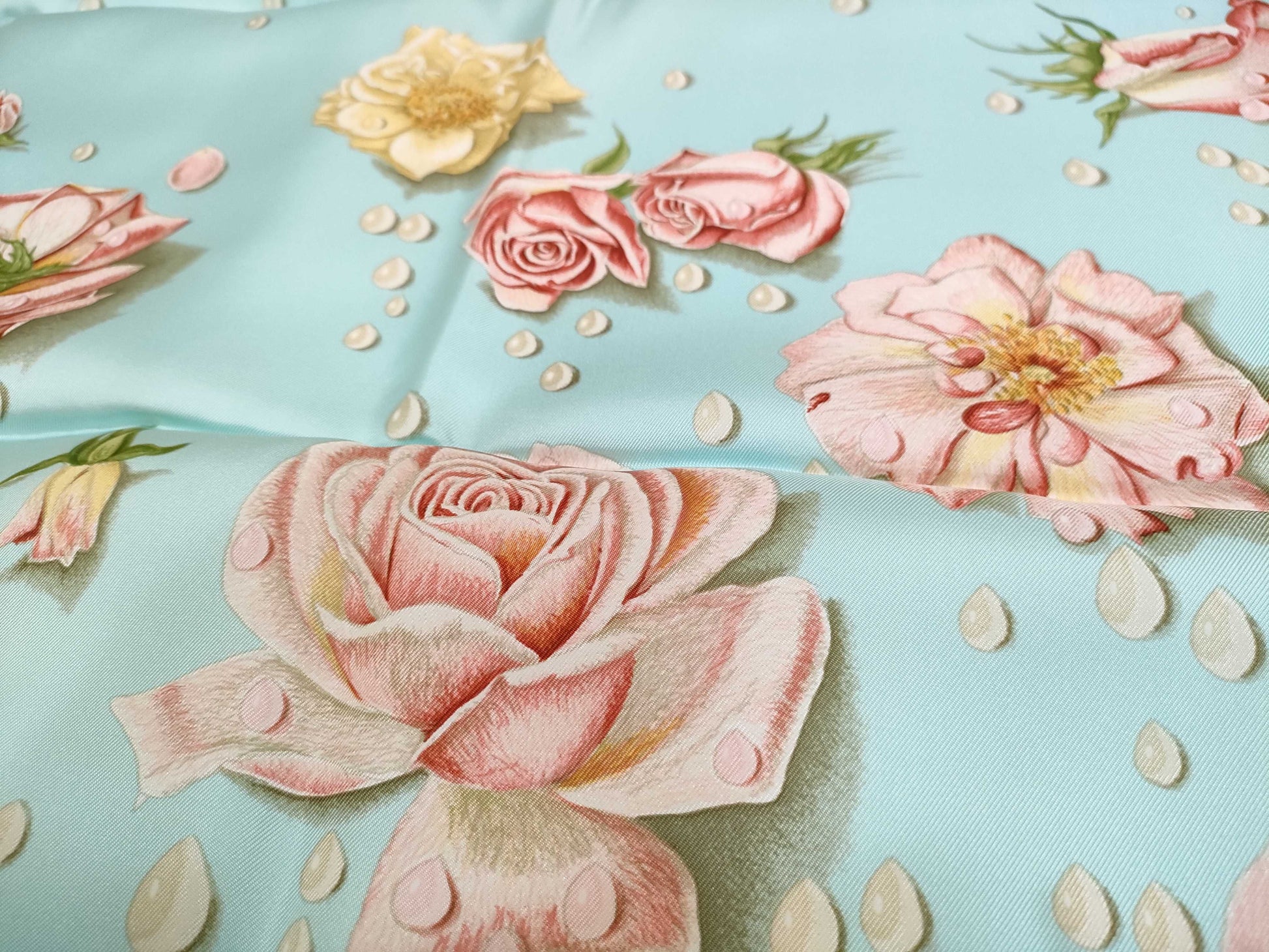 HERMES Carre Hermes Carre 90 Rose Drops Silk Scarf Light Blue Scarf