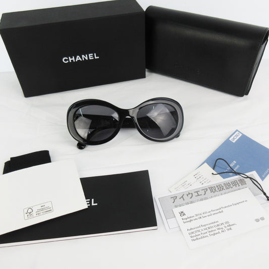 CHANEL Eyewear Oval CC Double Coco Mark Rhinestone 5469-B-A Black Black Gold Fittings Sunglasses Glasses