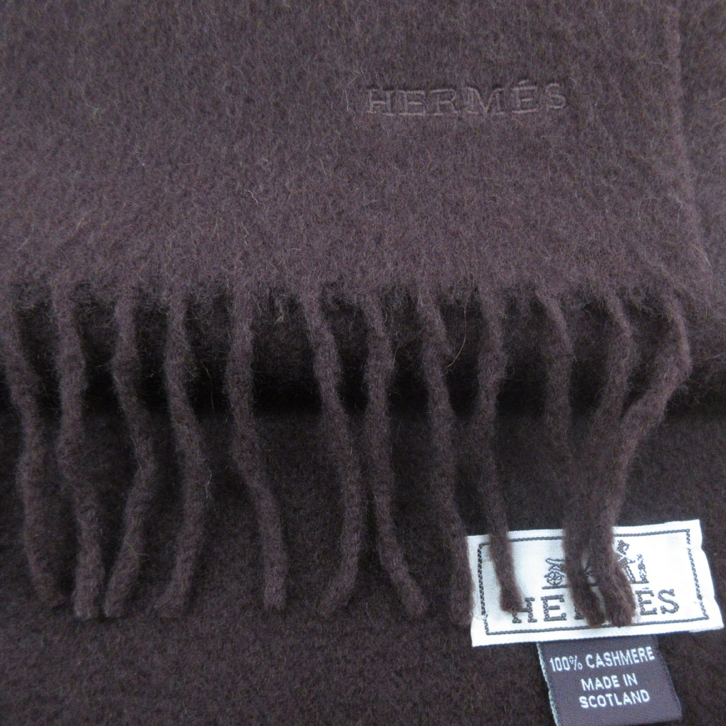 HERMES 100% Cashmere Logo Embroidery Brown Brown 150cmx40cm Muffler