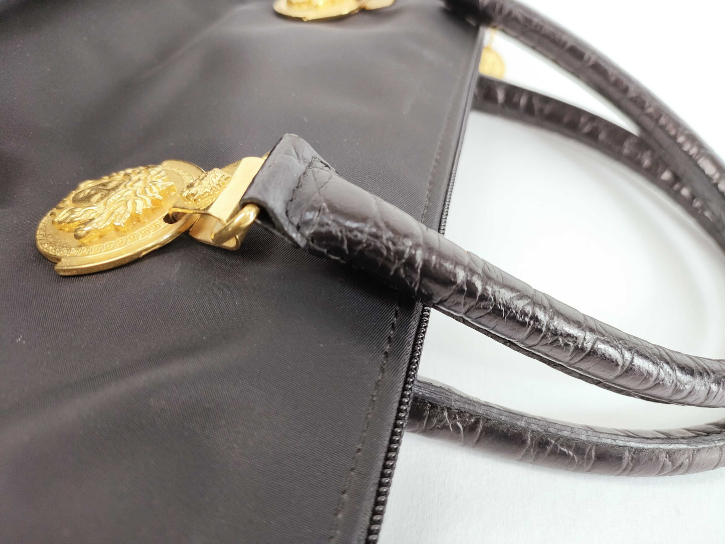 VERSACE Medusa Hardware Croco Embossed x Nylon Handbag Handbag