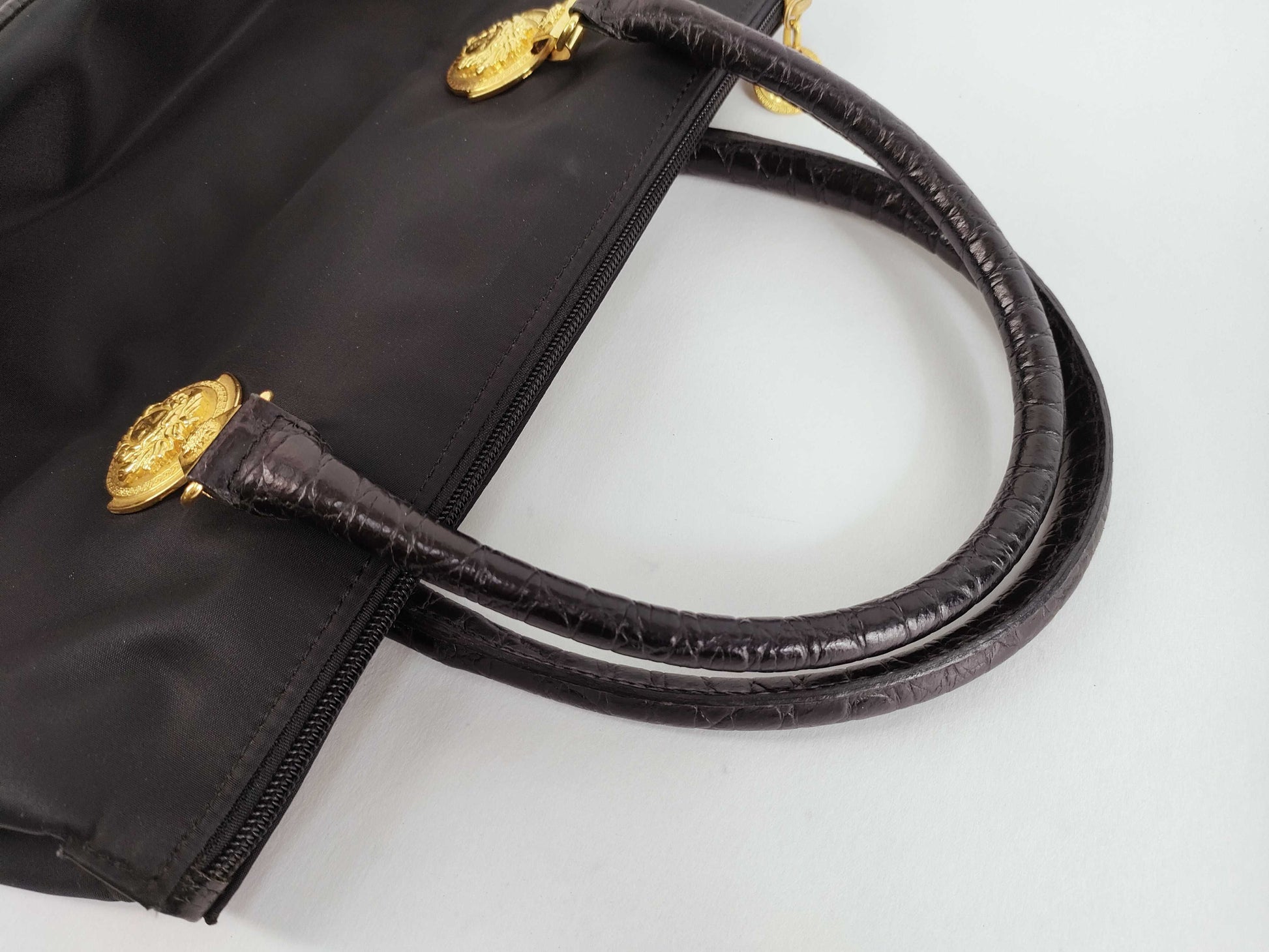 VERSACE Medusa Hardware Croco Embossed x Nylon Handbag Handbag