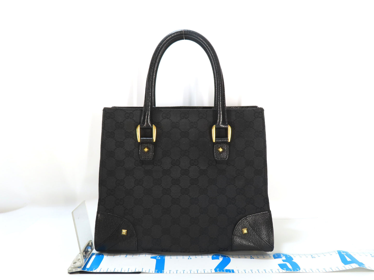 GUCCI GG Canvas Gucci Black Tote Bag Corner Leather GG Canvas Tote Bag