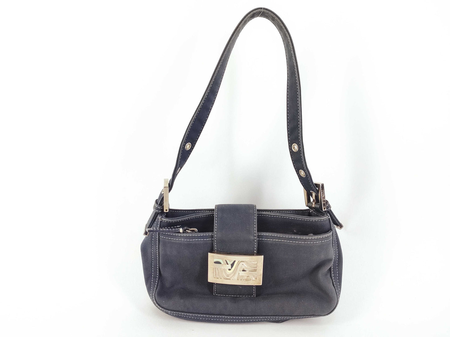 FENDI Canvas Baguette Blue Shoulder Bag