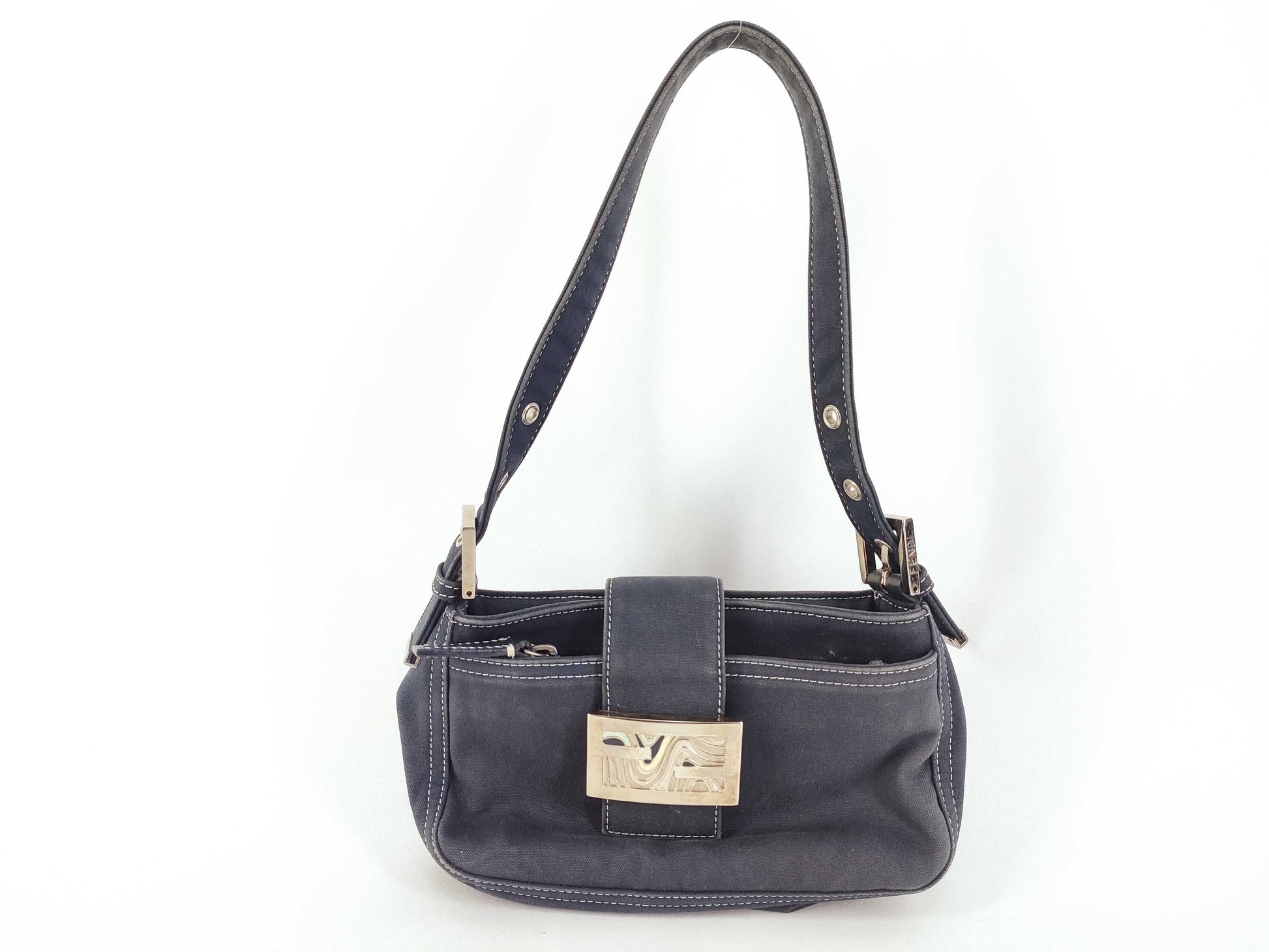 FENDI Canvas Baguette Blue Shoulder Bag