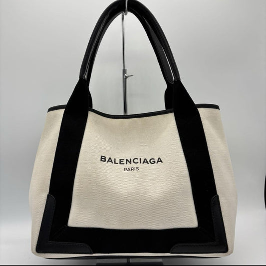 BALENCIAGA Navy Cabus Canvas Black White Tote Bag with Pouch