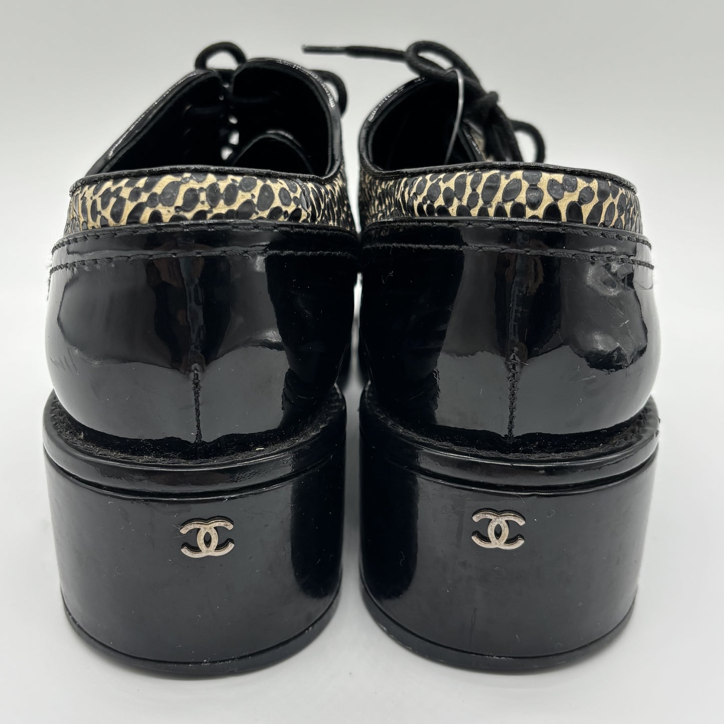 CHANEL Enamel Loafers Leopard x Black 37C Loafers
