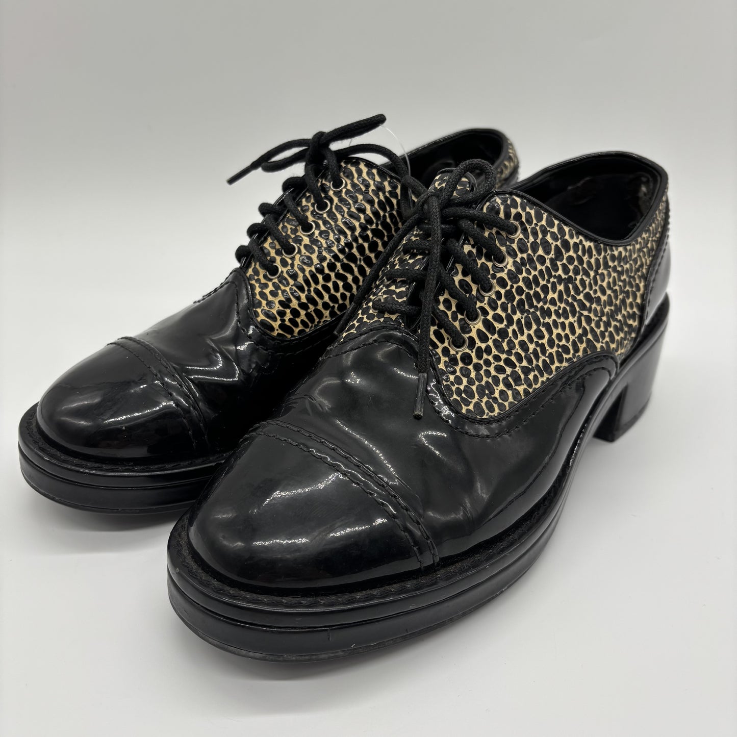 CHANEL Enamel Loafers Leopard x Black 37C Loafers