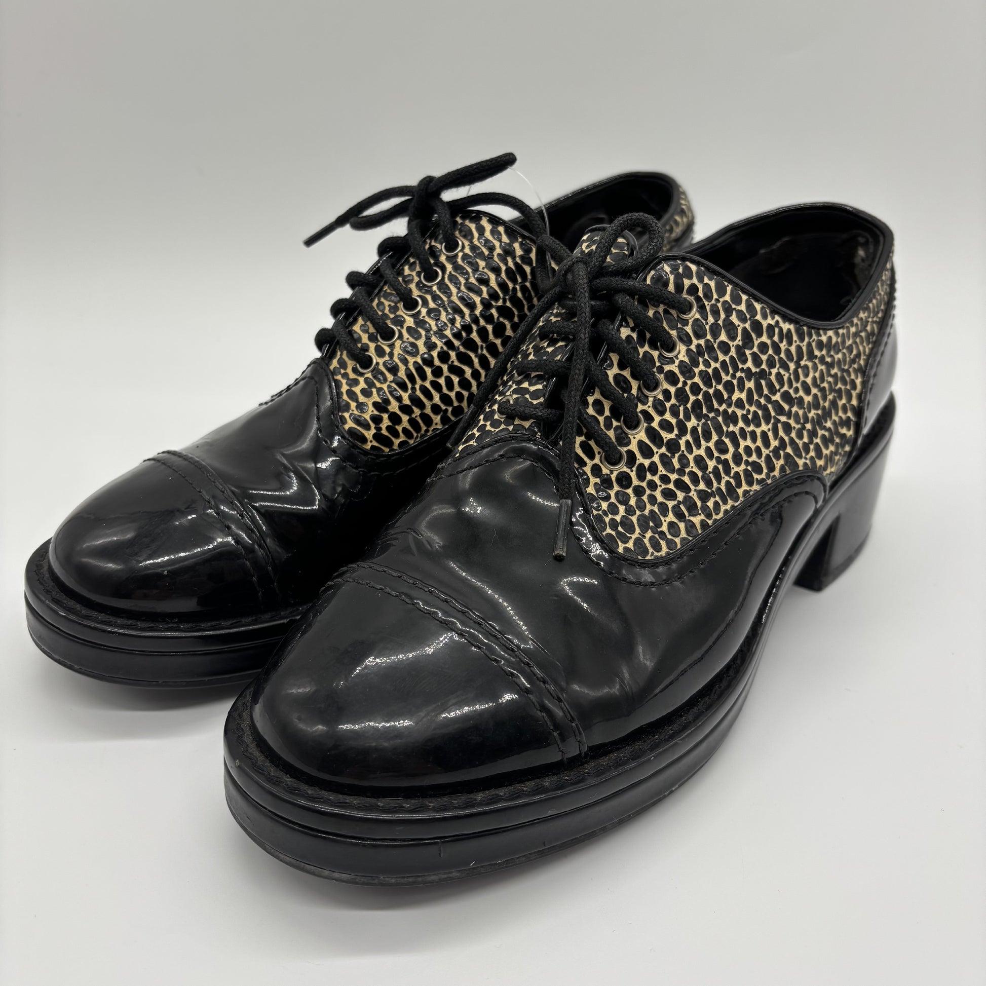 CHANEL Enamel Loafers Leopard x Black 37C Loafers