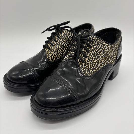 CHANEL Enamel Loafers Leopard x Black 37C Loafers