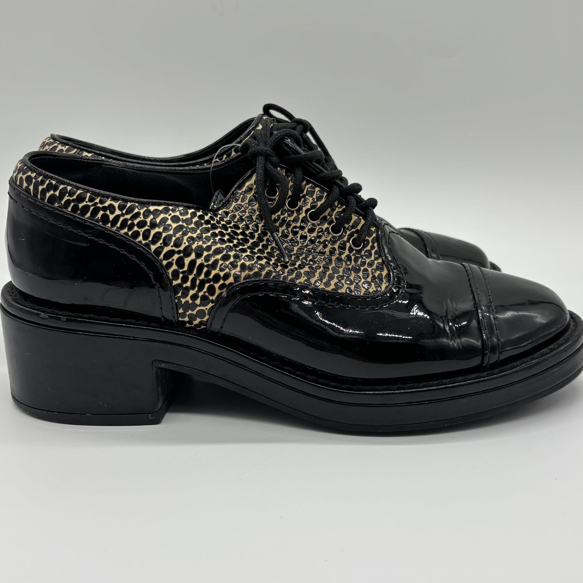 CHANEL Enamel Loafers Leopard x Black 37C Loafers