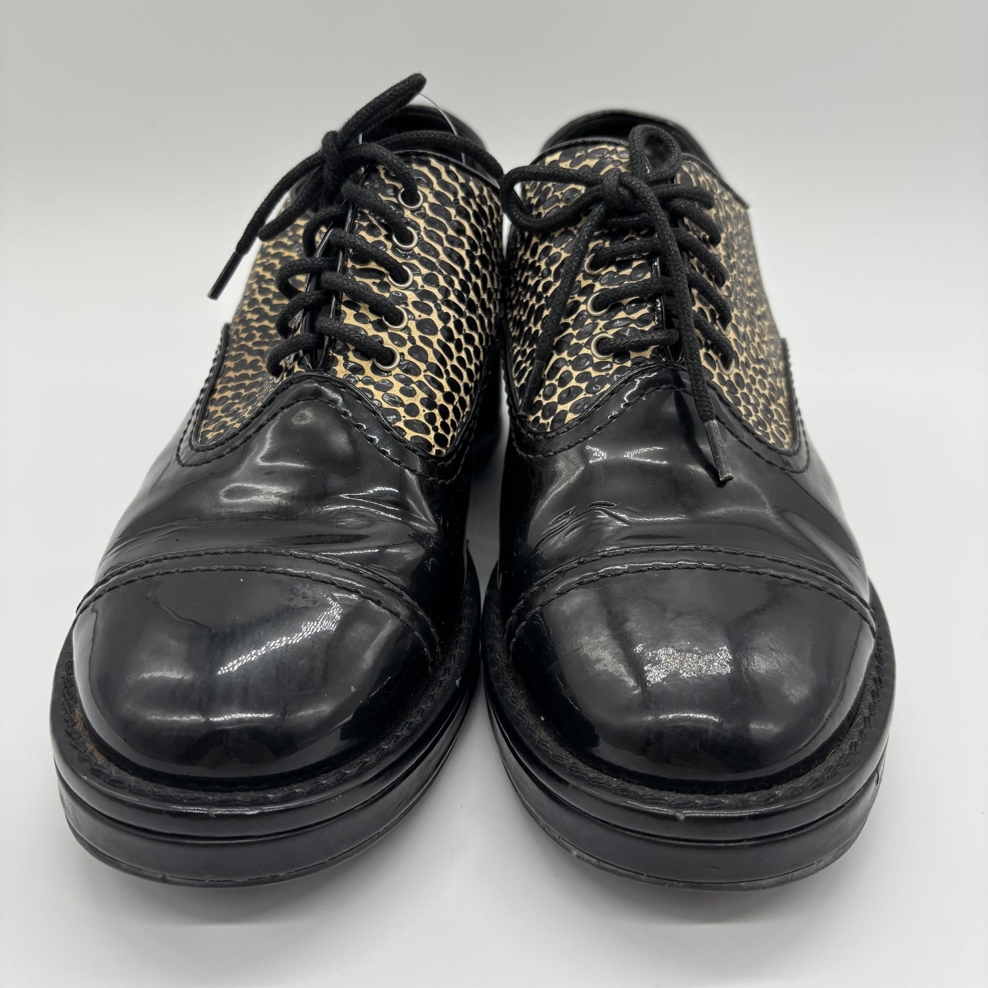 CHANEL Enamel Loafers Leopard x Black 37C Loafers