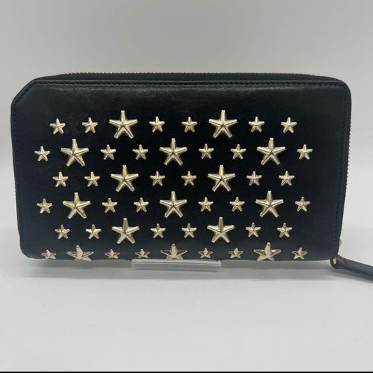 JIMMY CHOO Leather Stud Round Zipper Wallet in Black