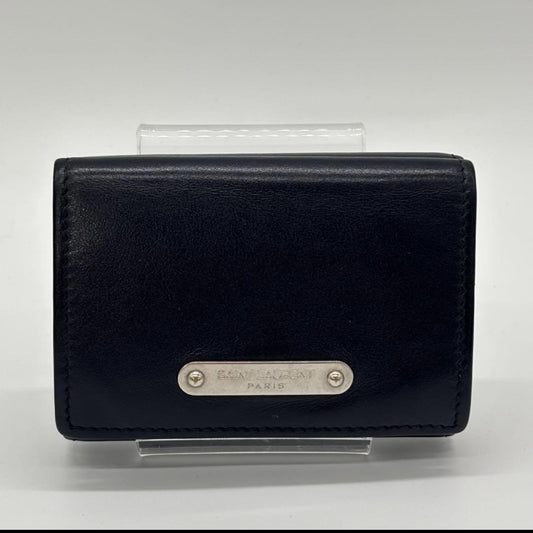 Yves Saint Laurent 3-Fold Compact Leather Wallet Navy Wallet