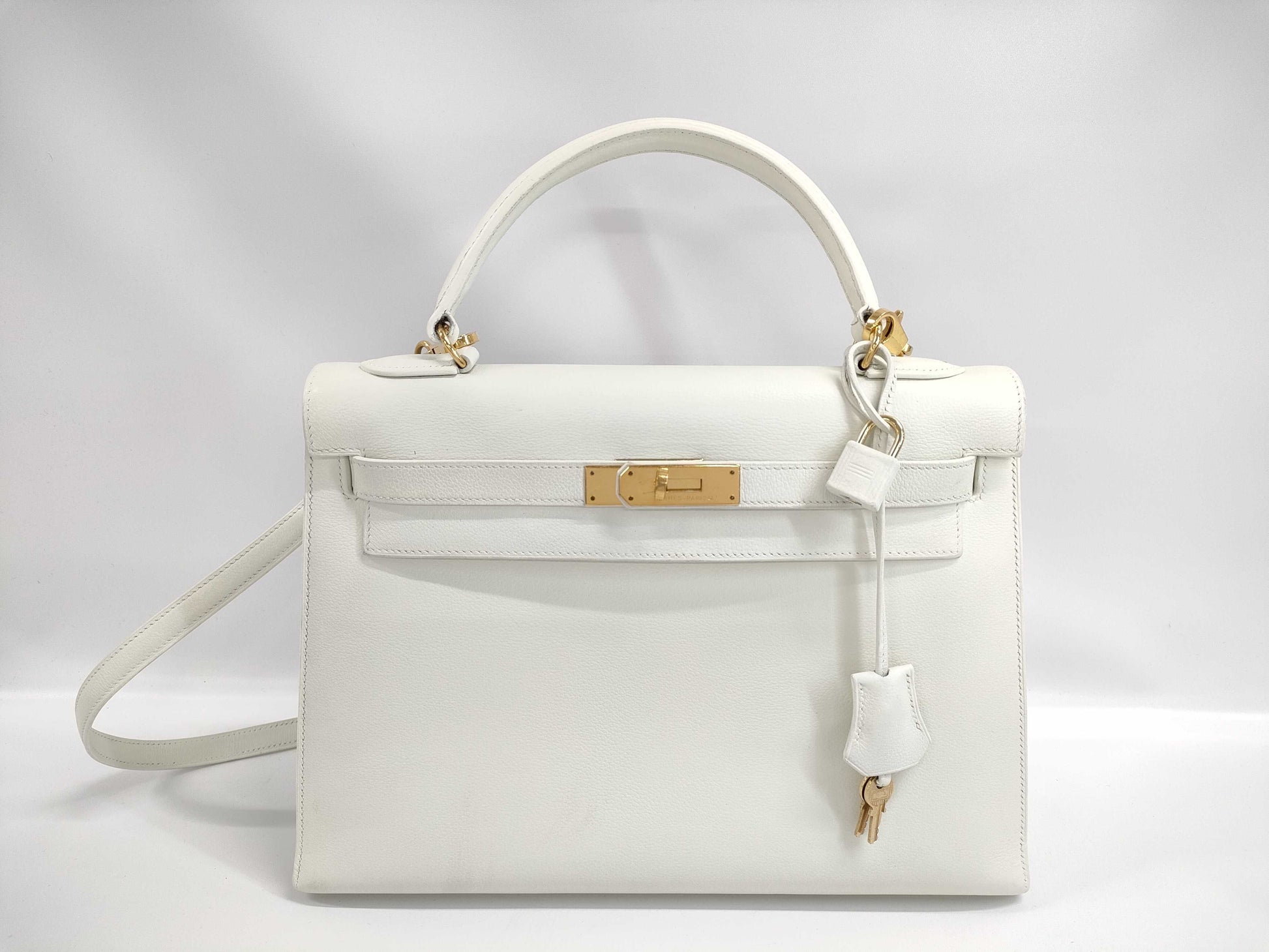HERMES Kelly 32, Exterior Stitching, Vogue Green, White, 〇Y Stamp, GD Handbag