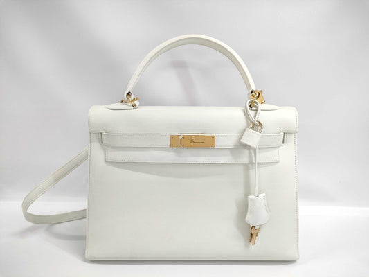 HERMES Kelly 32, Exterior Stitching, Vogue Green, White, 〇Y Stamp, GD Handbag