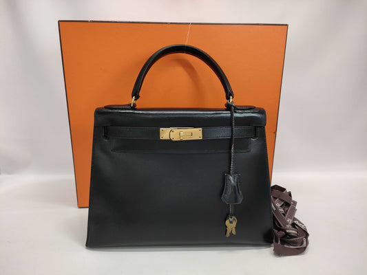 HERMES Kelly 28/Box Calf/Black/Gold Hardware/K Stamped Handbag