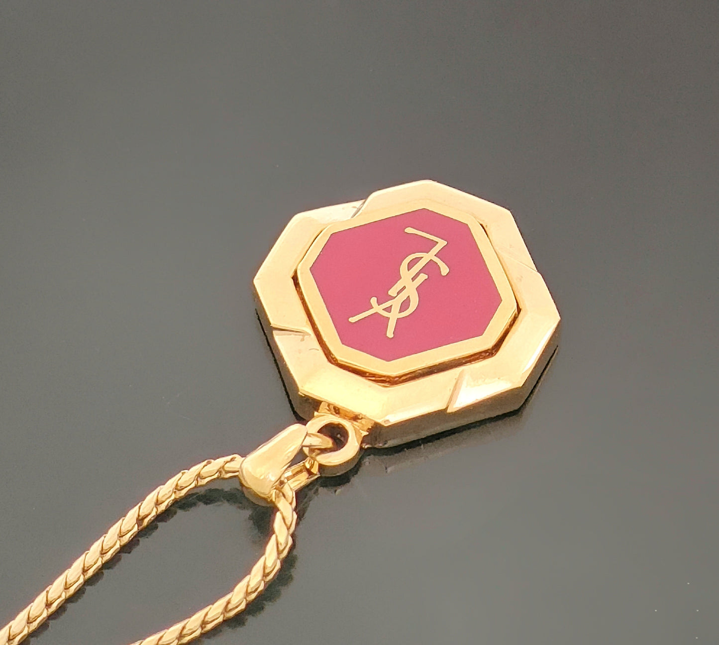 Yves Saint Laurent Gold & Pink Logo Pendant Necklace 7.47g Necklace