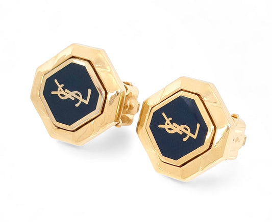 Yves Saint Laurent Gold & Black Logo Earrings 8.8g Earrings