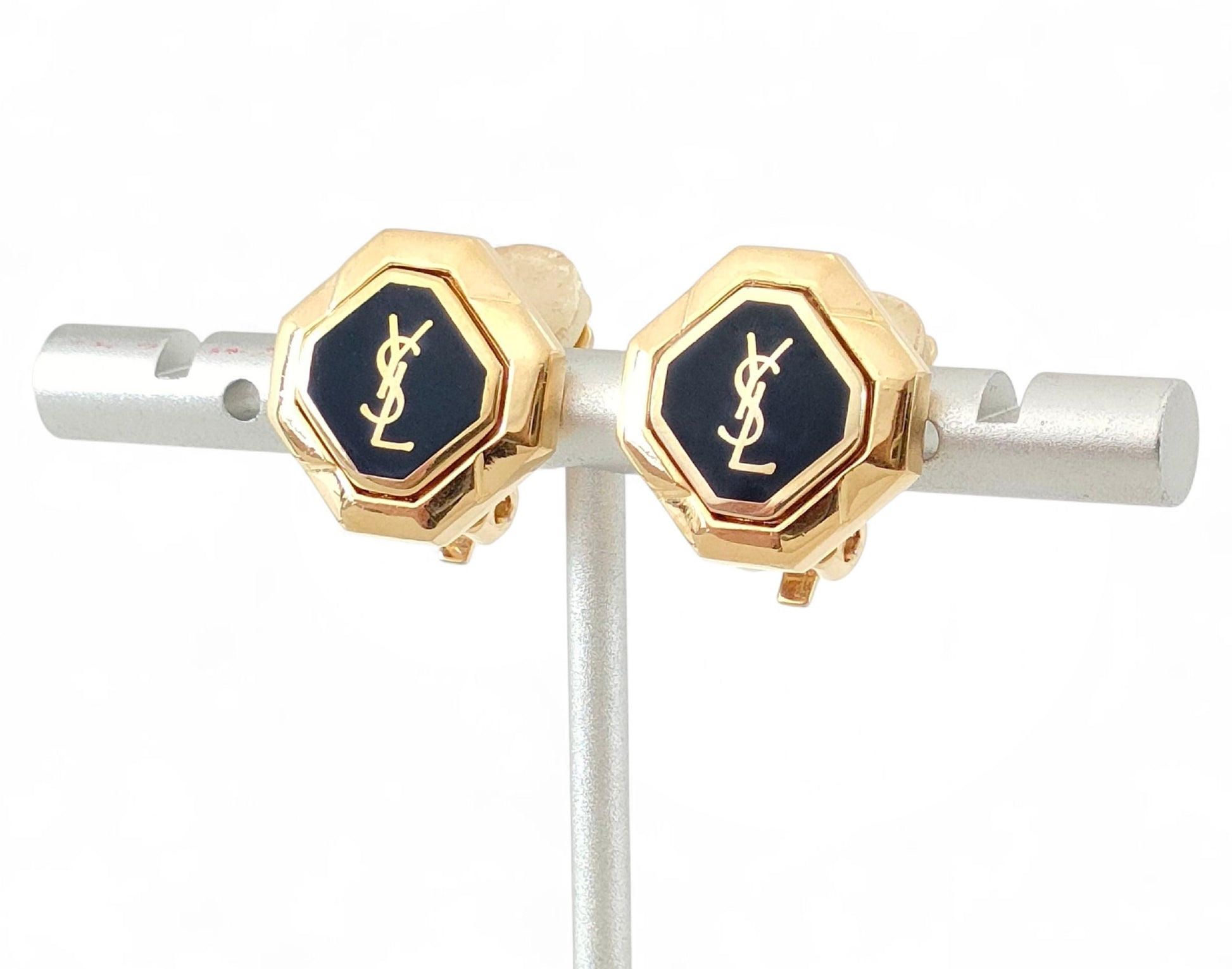 Yves Saint Laurent Gold & Black Logo Earrings 8.8g Earrings