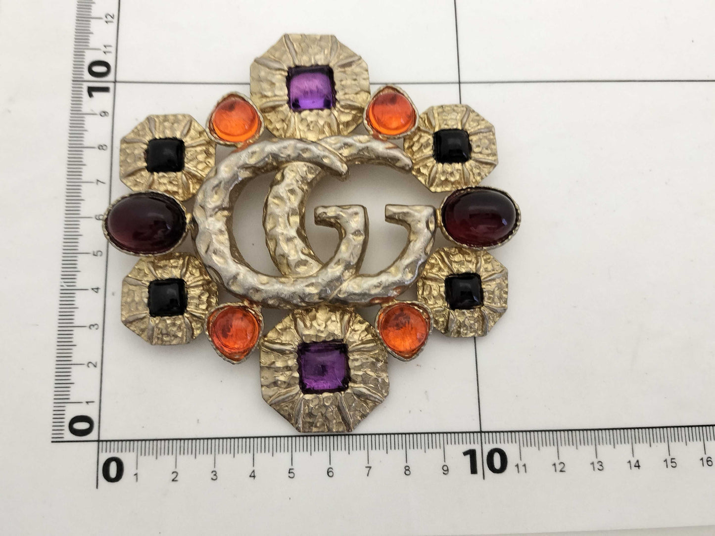 GUCCI Double G Brooch with Lava and Colored Stones