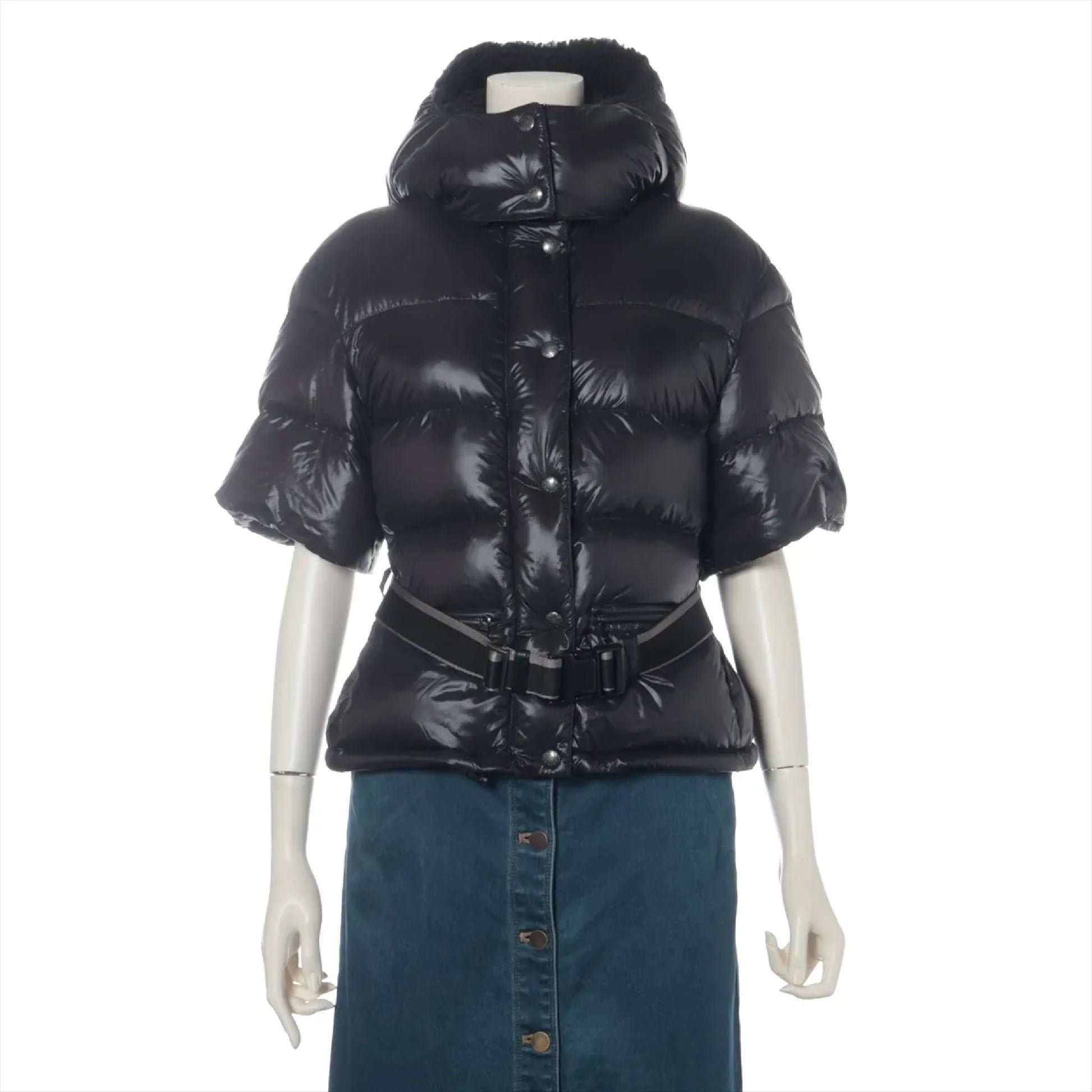 PRADA Down Jacket Size 40 Black 29C161 Logo Belt Removable Hood Jacket