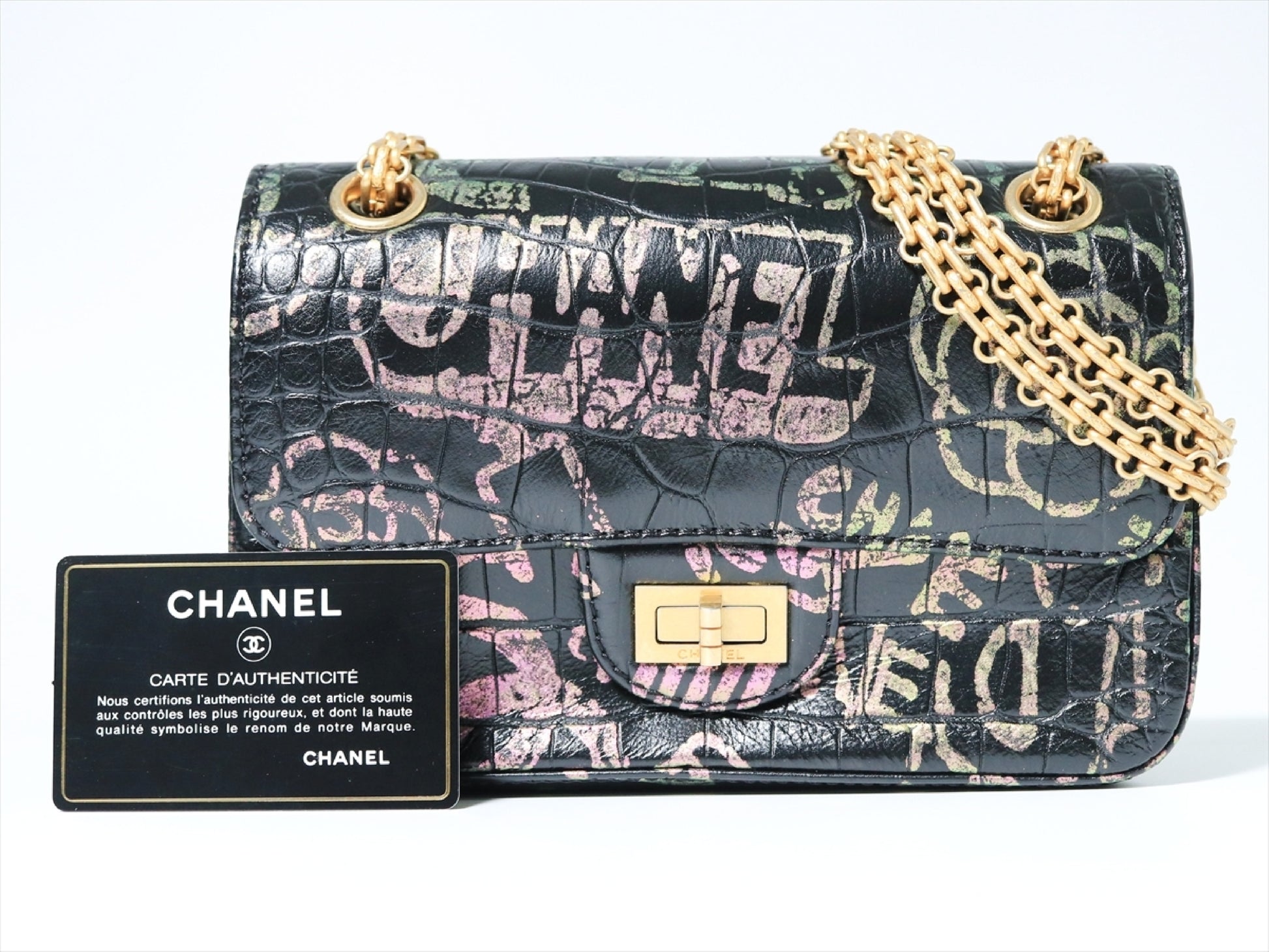 CHANEL 2.55 Graffiti Croco Embossed Multicolor Chain Shoulder Bag Bag with Seal Card 28th Series Shoulder Bag