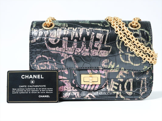 CHANEL 2.55 Graffiti Croco Embossed Multicolor Chain Shoulder Bag Bag with Seal Card 28th Series Shoulder Bag