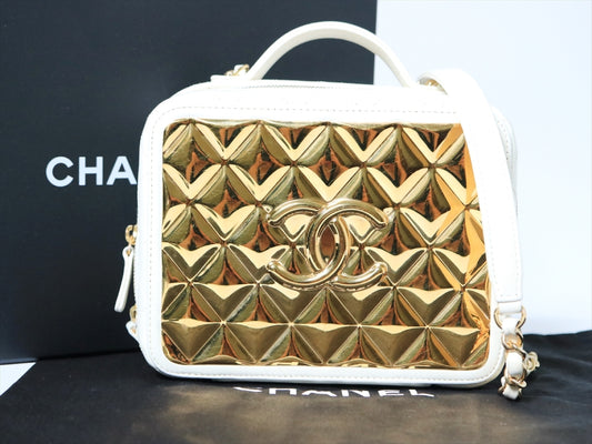 CHANEL Matlasse 2way Handbag Chain Shoulder Bag Random Plate Gold x White Vanity Shoulder Bag